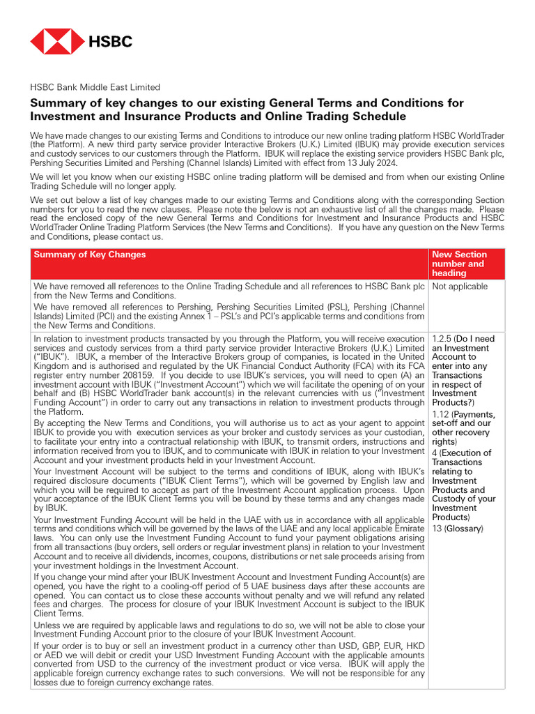 HSBC WorldTrader Terms Update Summary | PDF | Banks | Investing