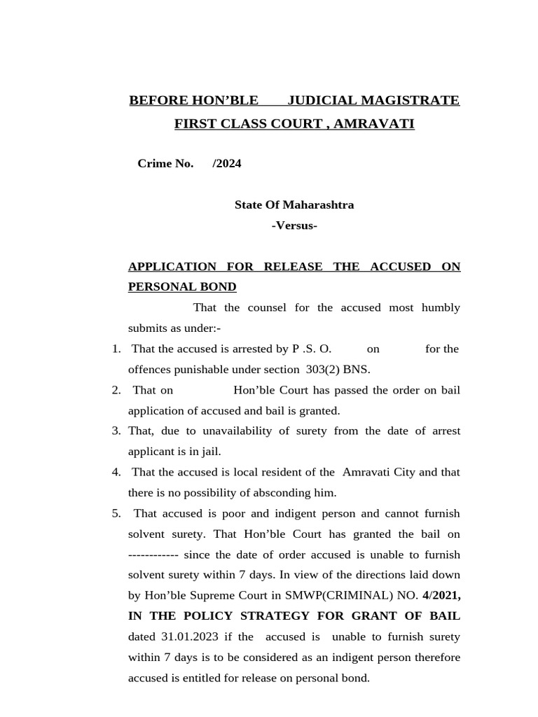 Personal Bond Format in Criminal Matter | PDF