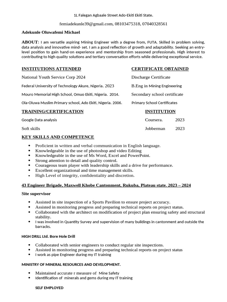 Aspiring Mining Engineer Resume | PDF