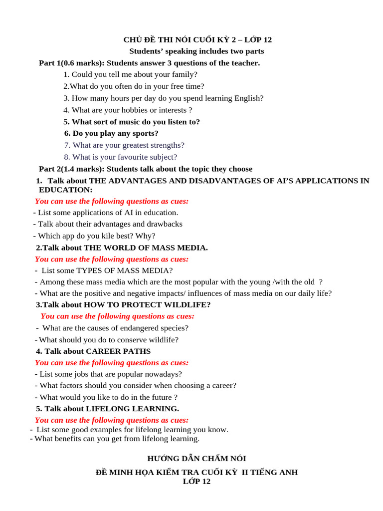 Topics For Speaking Test .12. Ki 2 | PDF
