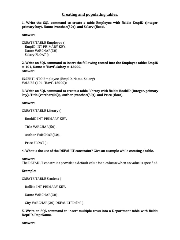 Creating and Populating Tables. | PDF | Integer (Computer Science) | Sql