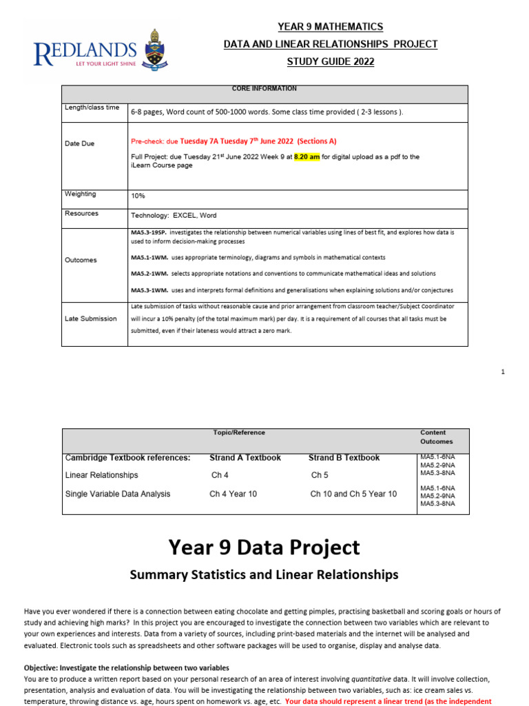 Year 9 Data and Linear Relationships Project - 2022 | PDF