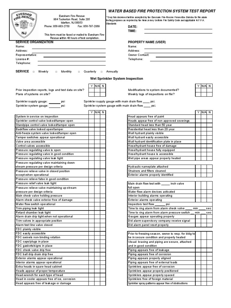 W Evesham NFPA25 Sprinkler Test Form for Contractors Fire Sprinkler