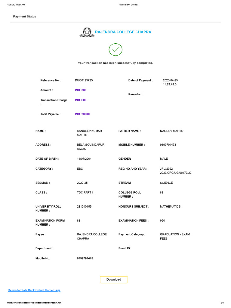 Graduation Exam Fee Payment Receipt | PDF | Payments | Money