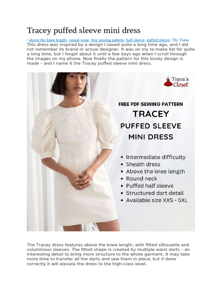 Tracey Puffed Sleeve Mini Dress Pattern | PDF | Seam (Sewing) | Sewing