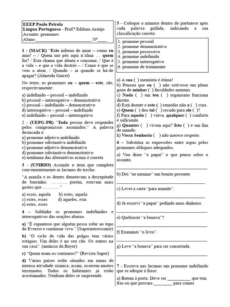Pronomes: Exercícios e Questões de Português | PDF | Pronome | Famílias ...