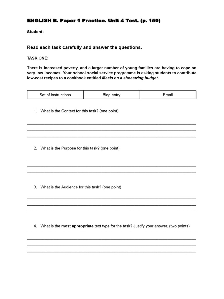 English B Unit 4 Test Practice Tasks | PDF