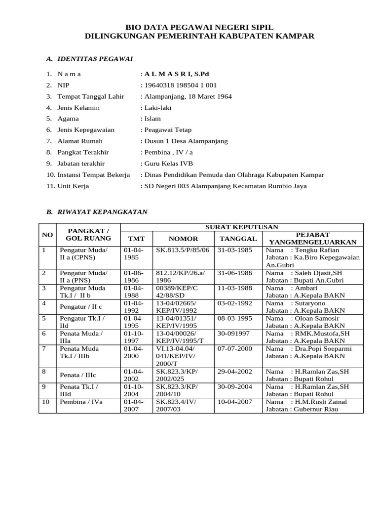 Bio Data Pegawai PNS Kampar | PDF