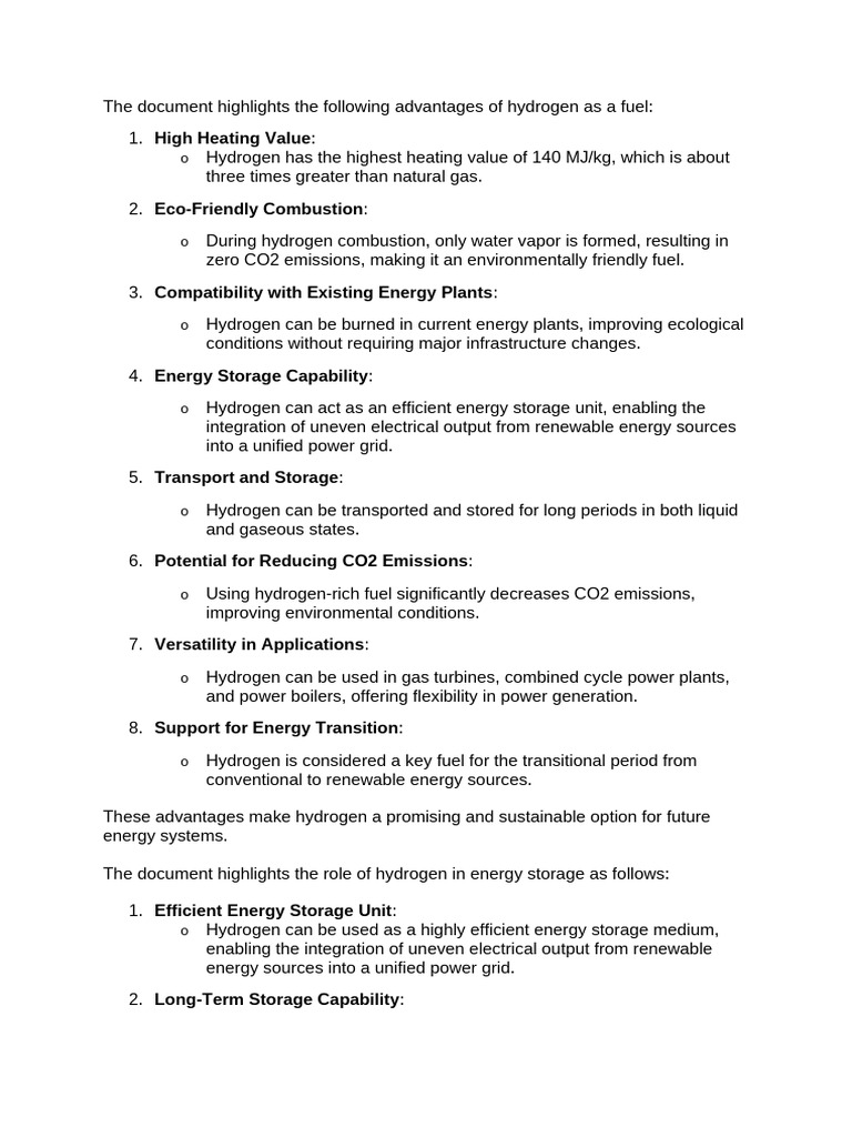 The Document Highlights The Following Advantages of Hydrogen As A Fuel ...
