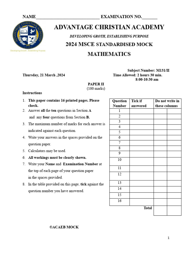 2024 MSCE Mock Mathematics Exam | PDF | Circle | Elementary Mathematics