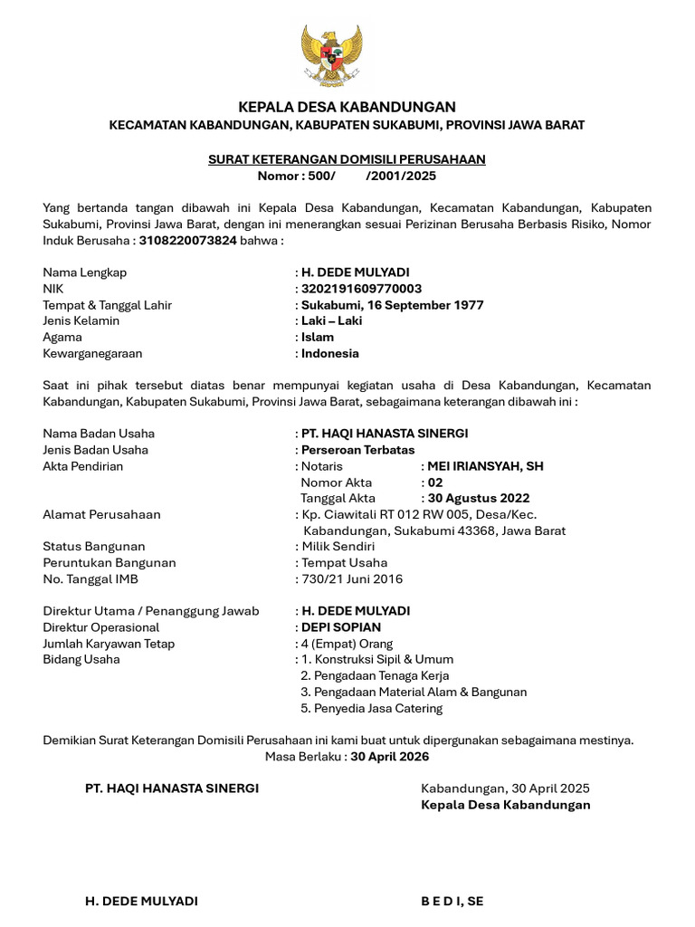 Surat Domisili PT. Haqi Hanasta Sinergi | PDF