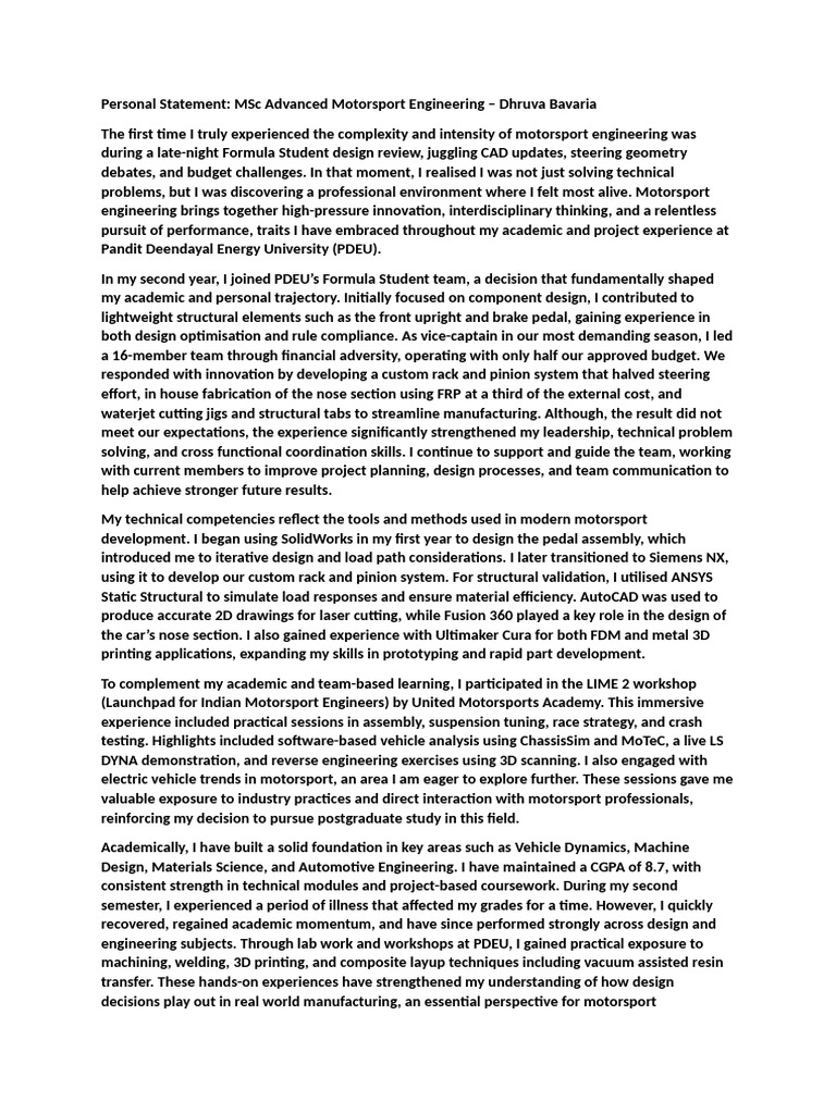 MSc Motorsport Engineering Personal Statement | PDF | Engineering | 3 D ...