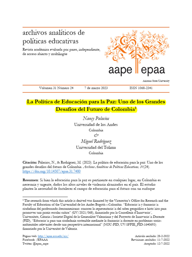 Palacios - Política de Educación para La Paz | PDF | Plan de estudios | Paz
