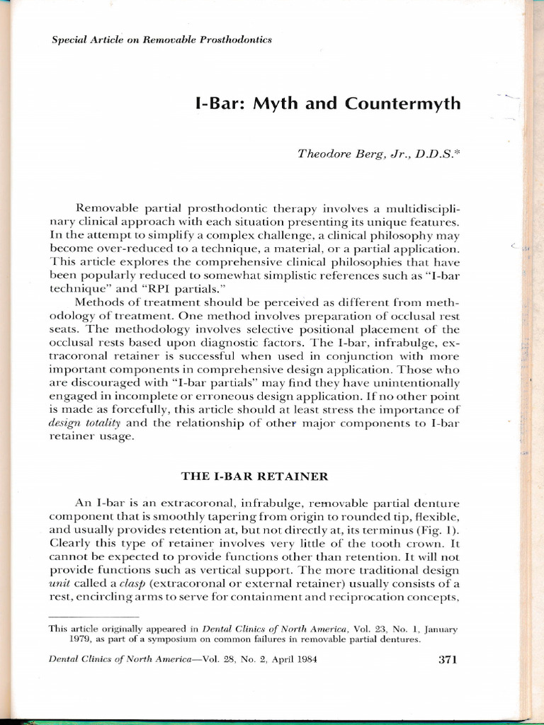 I-Bar Retainers in Removable Prosthodontics | PDF | Dentistry Branches