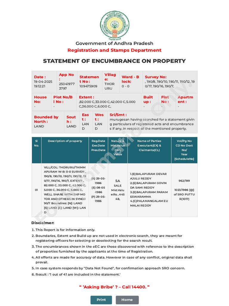 Statement of Encumbrance: Thoruru Property | PDF