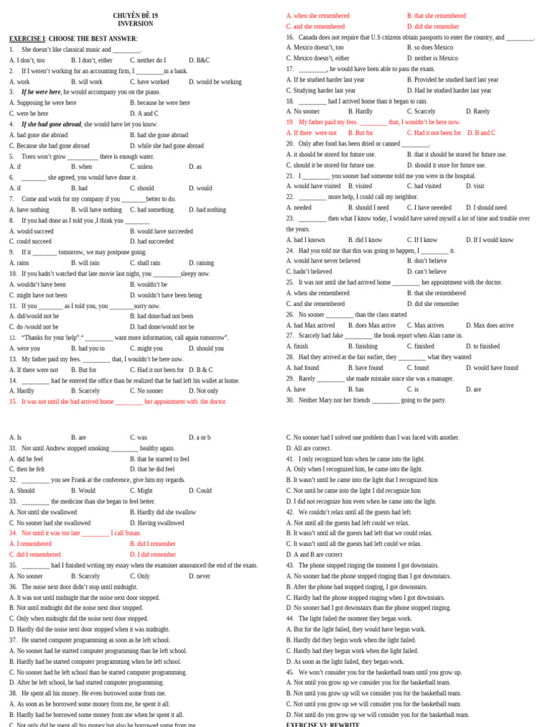 CĐ 19.inversion - BT - p1 (b26) | PDF