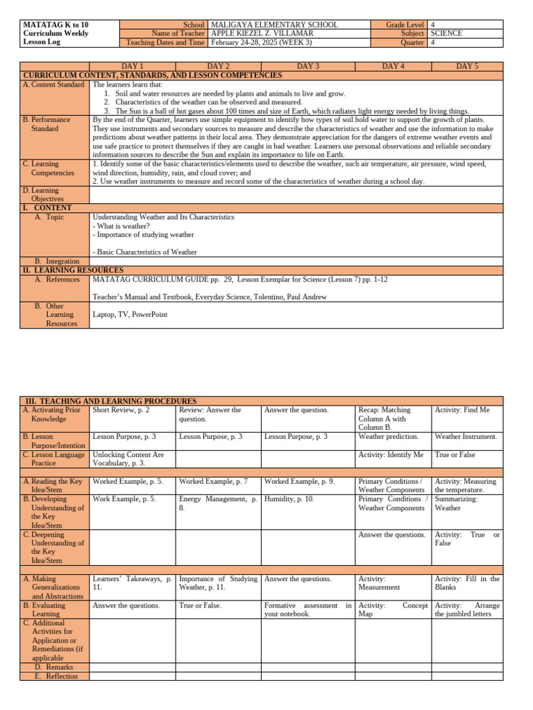 Grade 4 Science Lesson Plan: Weather | PDF | Learning | Weather