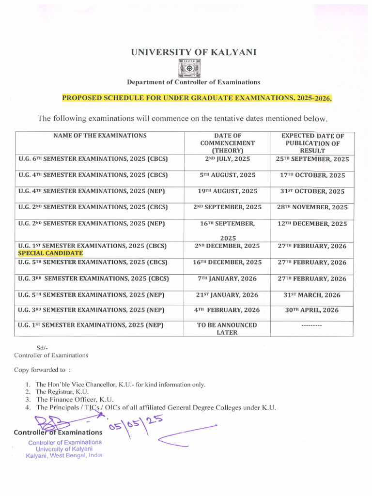 Proposed Schedule For Under Graduate Examinations, 2025-2026. | PDF