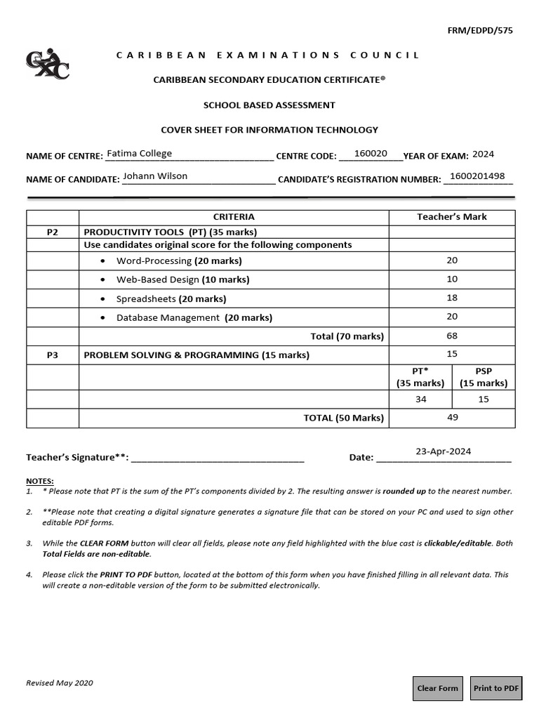 CSEC IT School-Based Assessment Form | PDF | Software | Computing
