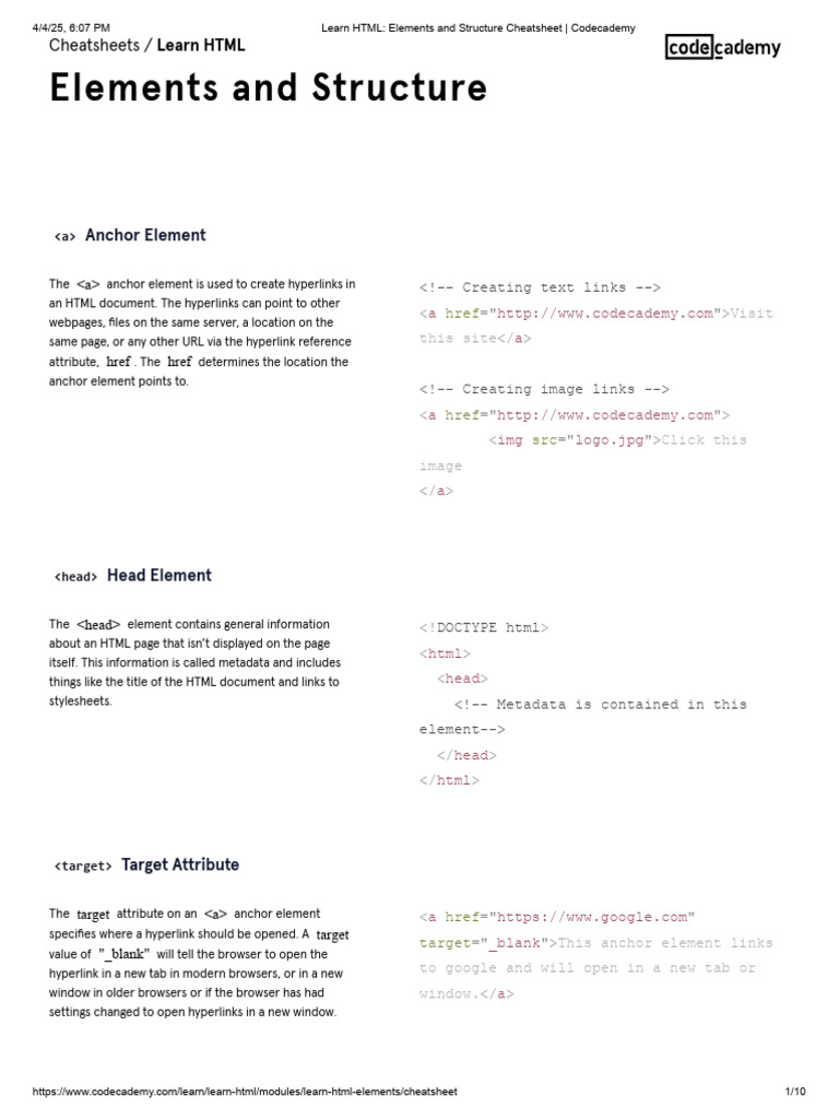 Learn HTML_ Elements and Structure Cheatsheet _ Codecademy | PDF | Html ...