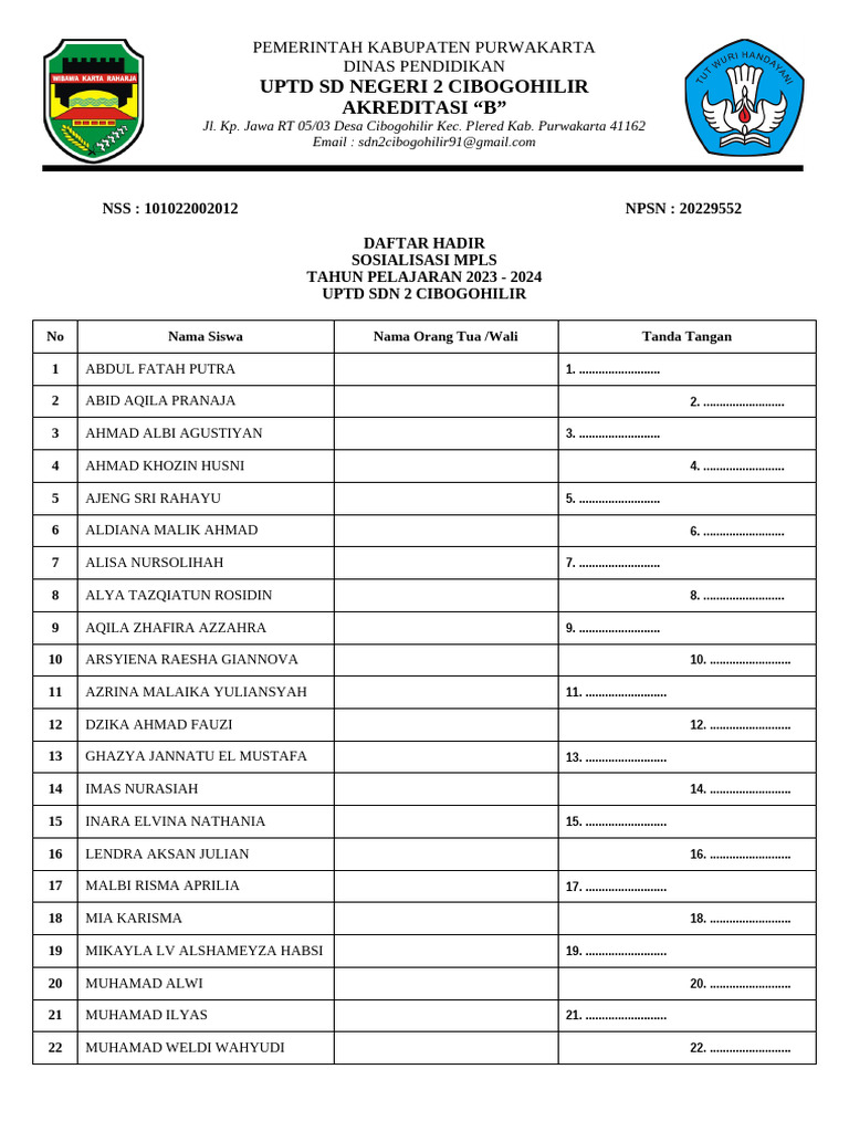 Daftar Hadir Sosialisasi MPLS 2023-2024 | PDF