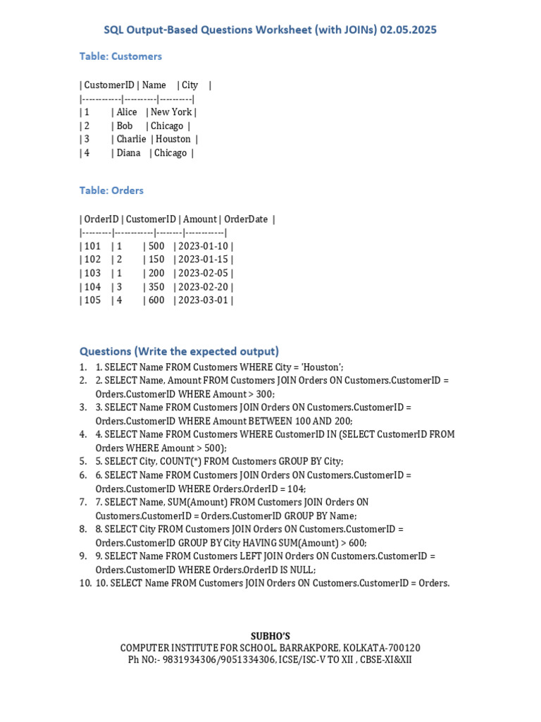 SQL Join Output Questions 02.05.2025 | PDF