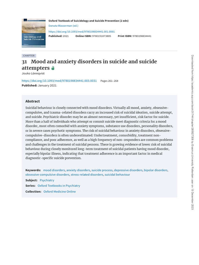 4-Lonnqvist 2021 Chapter Mood and Anxieyt in Suicide | PDF | Major ...