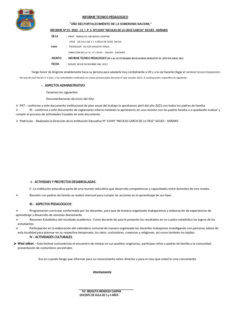 Informe Técnico Pedagógico 2022 - I.E. N°11049 | PDF | Aprendizaje ...