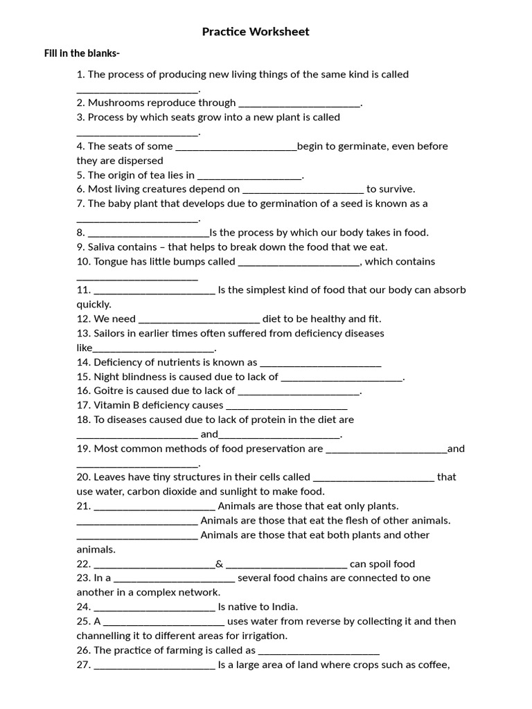 Class 5 Food and Nutrition Worksheet | PDF | Foods | Plants