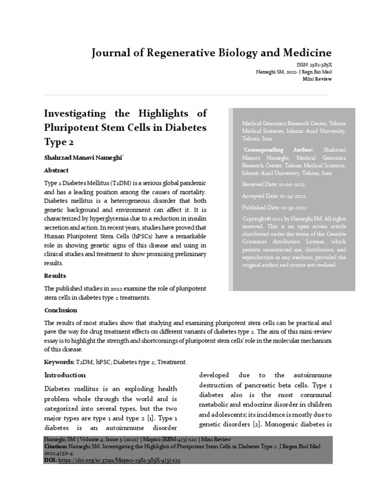 Investigating The Highlights of Pluripotent Stem Cells in Diabetes Type ...