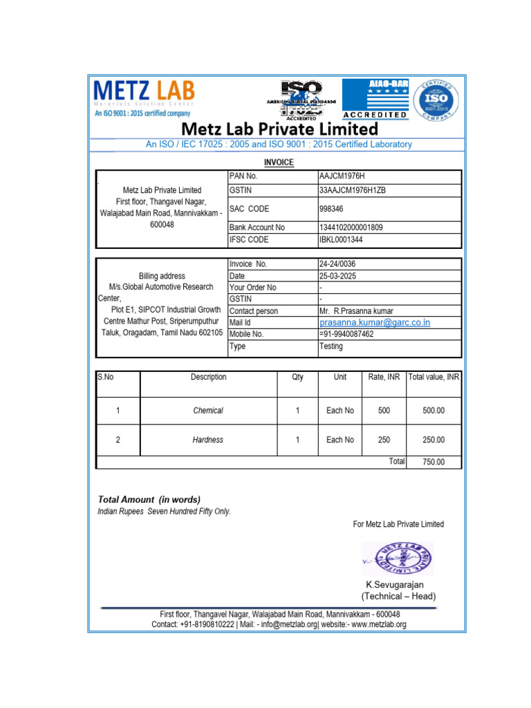 Invoice for Lab Testing Charges | PDF