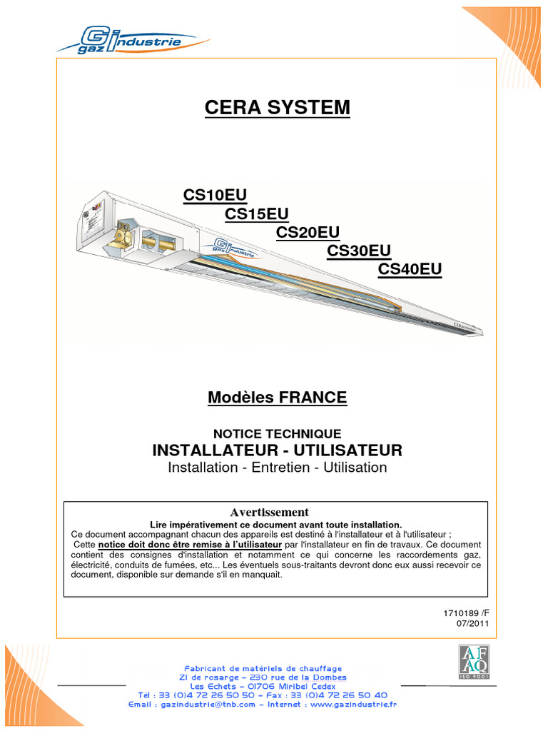 Notice technique CERA SYSTEM | PDF | Allumage | Transformateur électrique