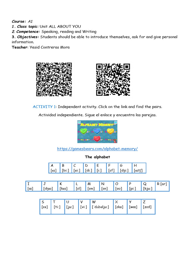 Unit 1 all about you alphabet and to be pdf