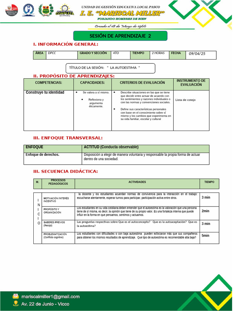 Sesion de Aprendizaje Semana 2 4to Grado | PDF | Evaluación | Autoestima