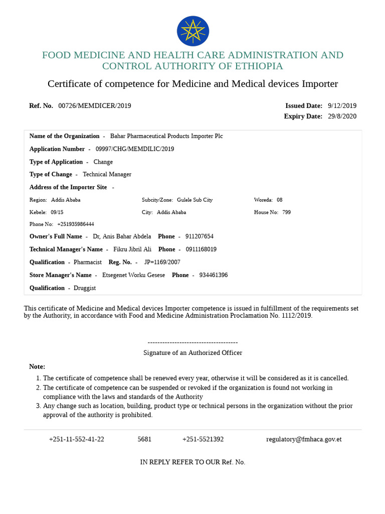 EFMHACA Fikru BAHAR COC Certificate | PDF | Pharmacist | Health Care
