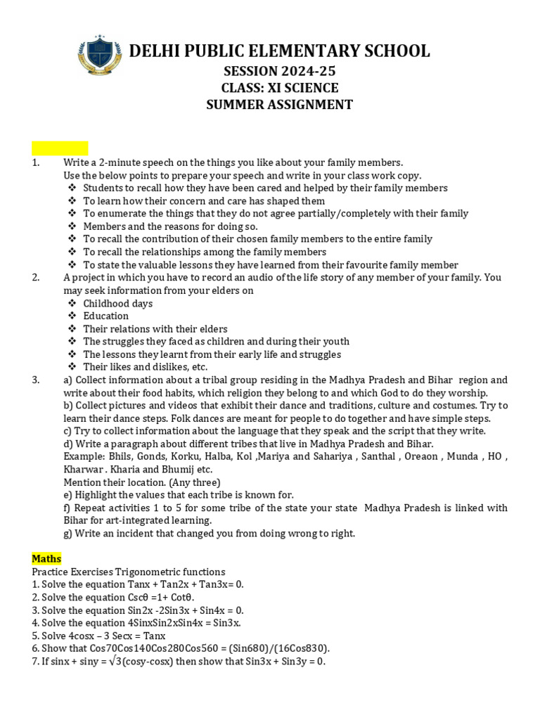 Class XI Science Summer Assignment 2024-25 | PDF | Mole (Unit) | Atoms