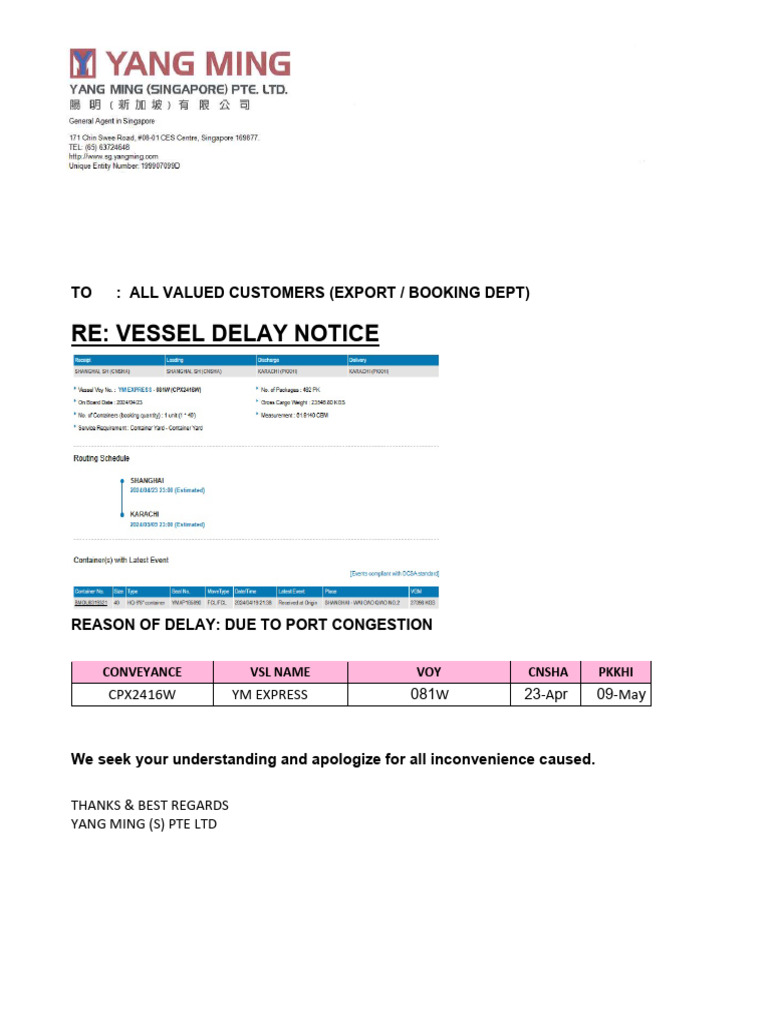 Delay Notice Ym Express | PDF