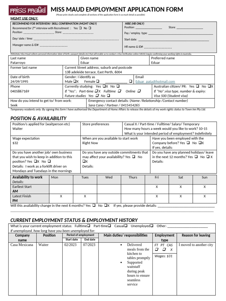 Miss Maud Employment Application 2024 | PDF | Travel Visa | Employment