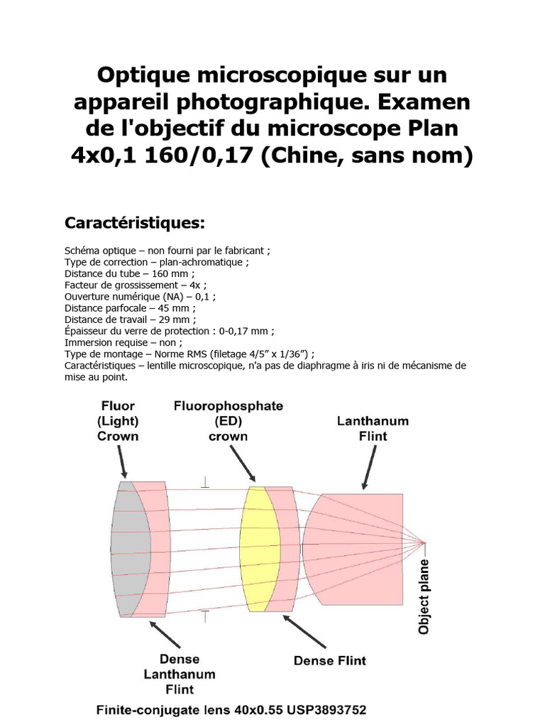 Objectif microscope Plan 4x0,1 : caractéristiques | PDF