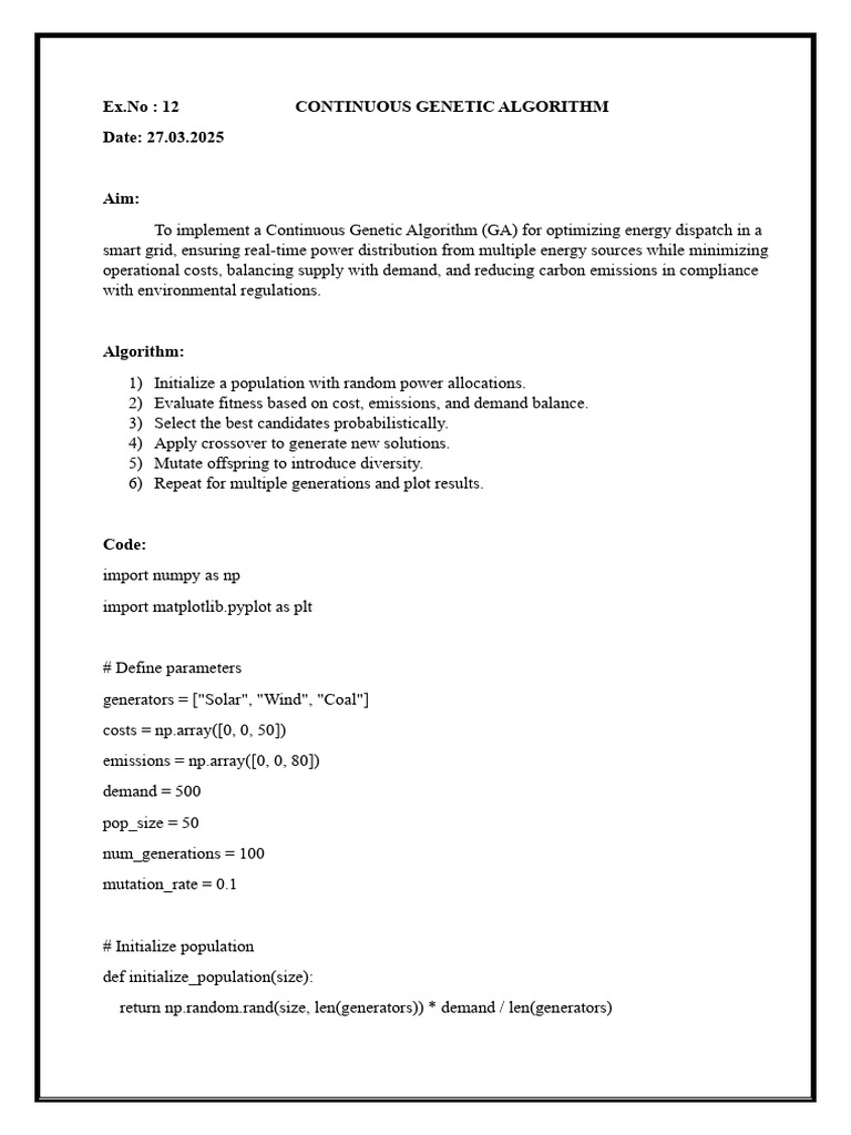 Continuous Genetic Algorithm for Energy Optimization | PDF | Genetic ...