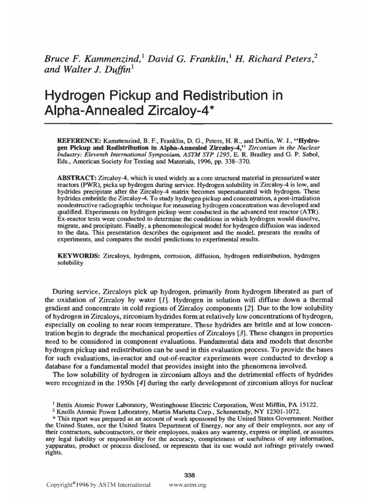 Hydrogen Pickup and Redistribution in Alpha-Annealed Zircaloy-4 | PDF