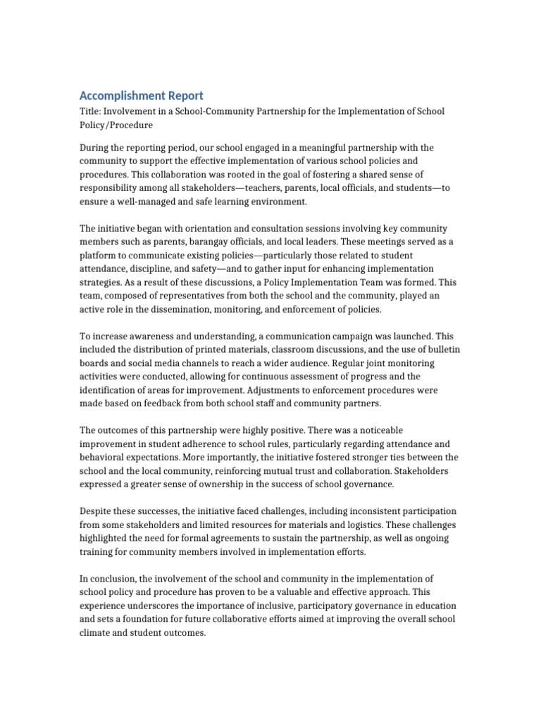 Community Partnership in School Policy | PDF | Governance | Collaboration