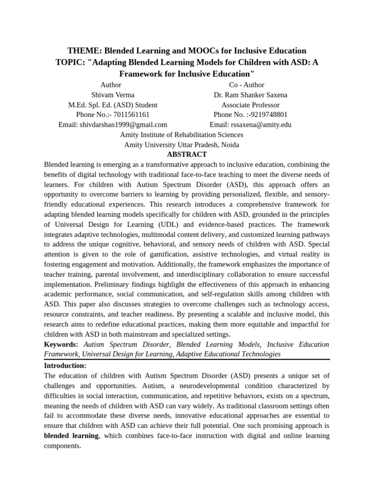 Blended Learning Framework for ASD | PDF | Autism | Inclusion (Education)