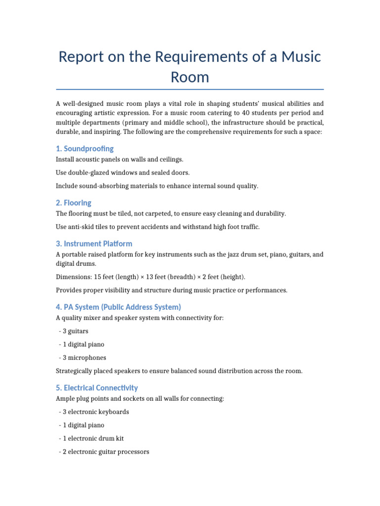 Music Room Requirements Report | PDF | Drum Kit | Flooring