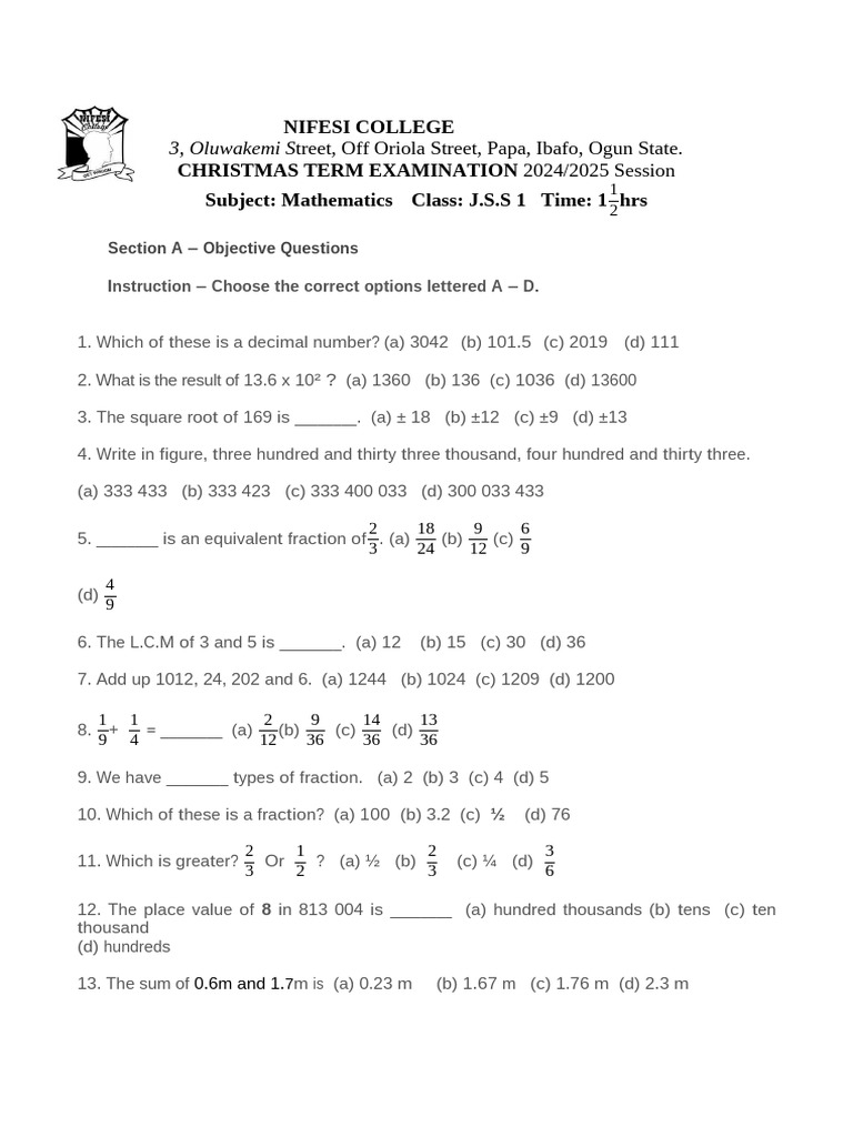 JSS1 & JSS2 Mathematics Exam Questions | PDF | Mathematical Notation ...