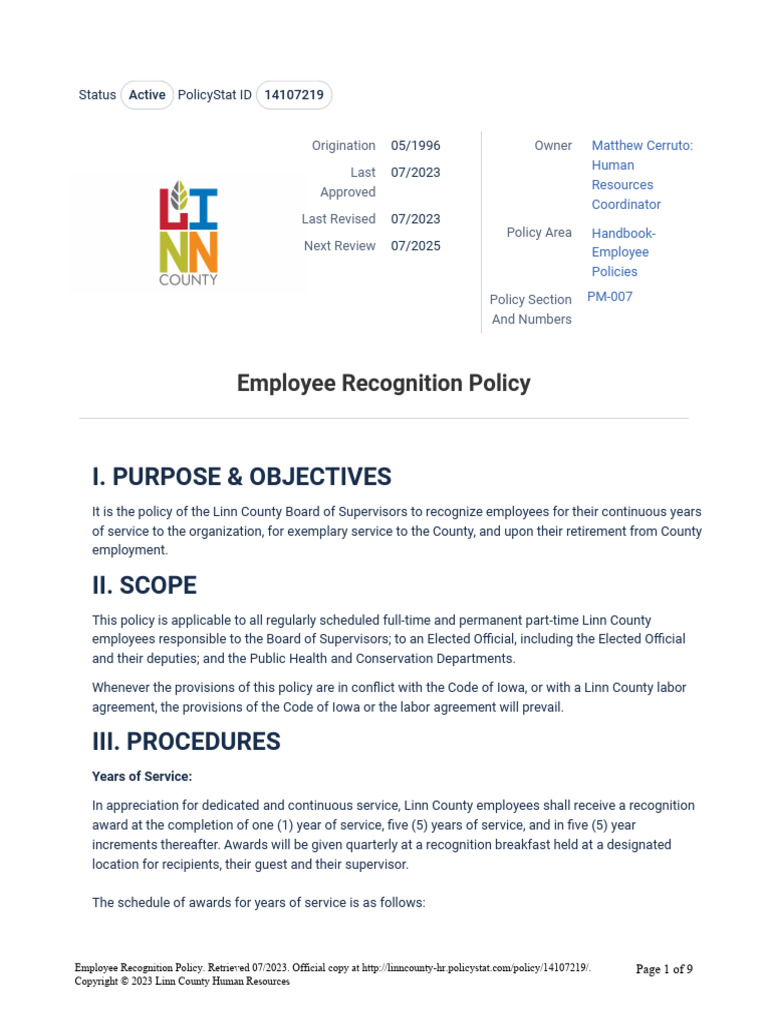 Employee Recognition Policy - 202307281208562544 | PDF | Customer ...