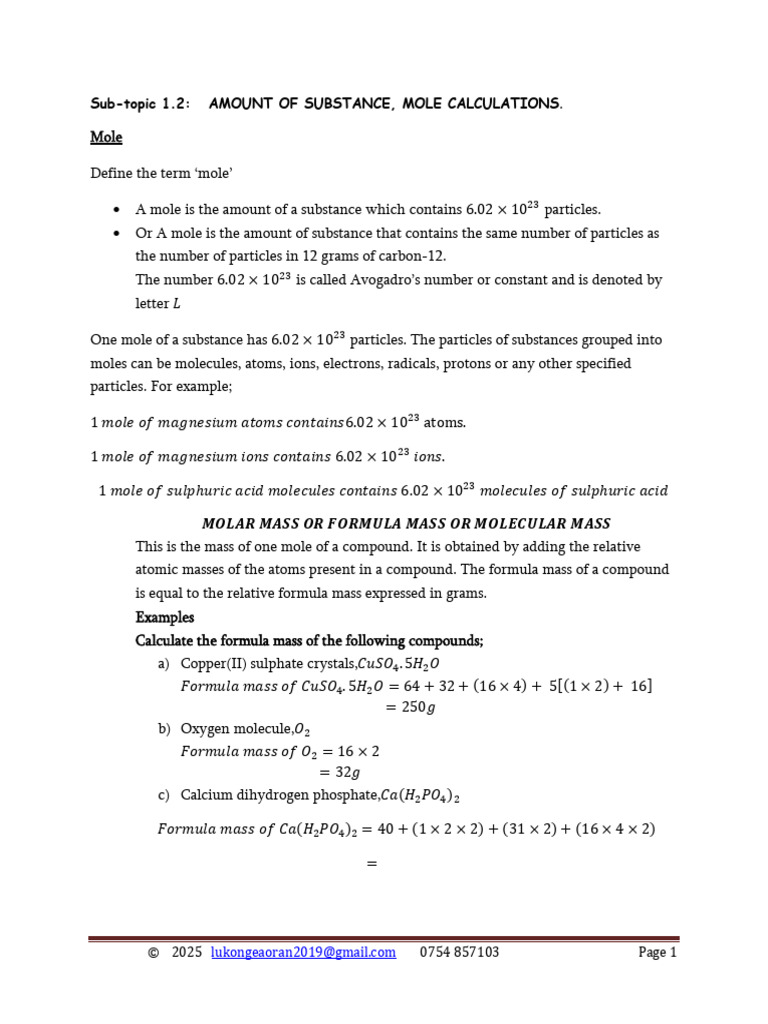 MOLE CALCULATIONS FOR S.5 NEW CURRICULUM 2025 PDF | PDF | Oxide | Mole ...