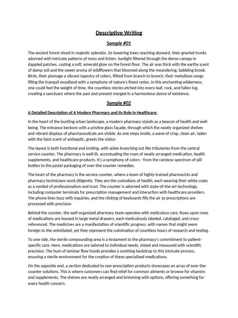 Descriptive Writing Samples: Nature & Pharmacy | PDF | Pharmacy ...