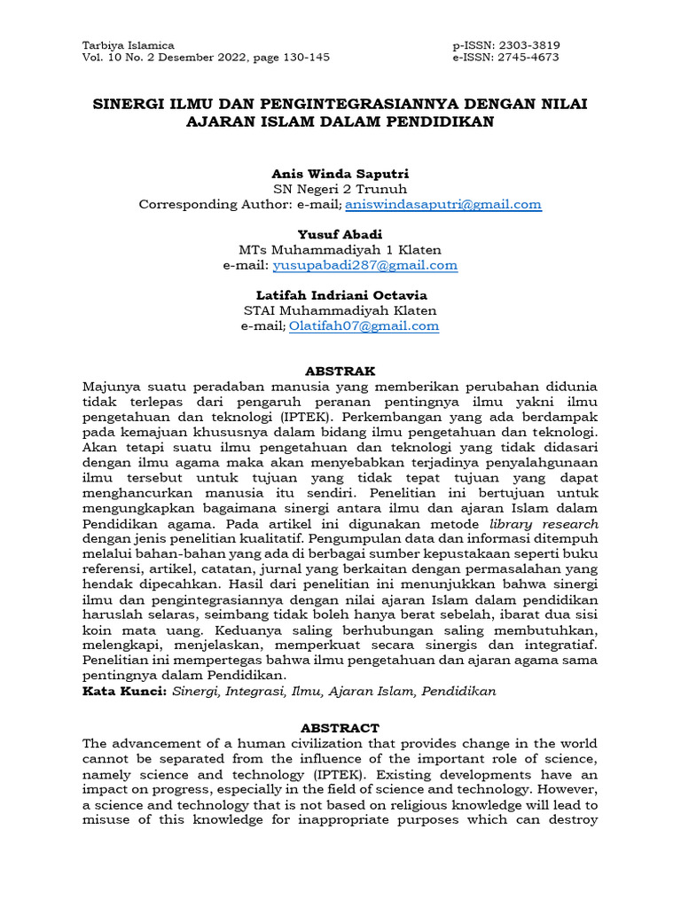 Sinergi Ilmu dan Ajaran Islam dalam Pendidikan | PDF