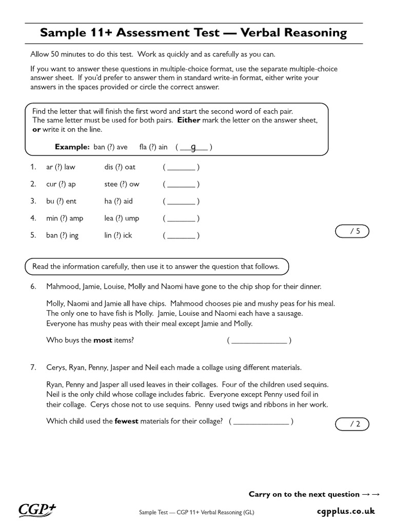 CGP 11+ Verbal Reasoning Sample Test | PDF | Multiple Choice